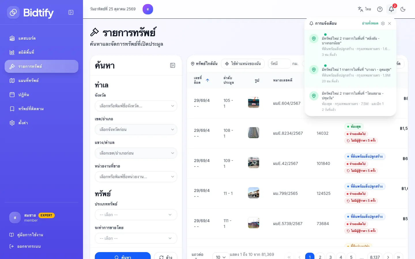 หน้าต่างกระดิ่งแจ้งเตือนแสดงรายการทรัพย์ใหม่ในพื้นที่ที่บันทึกไว้