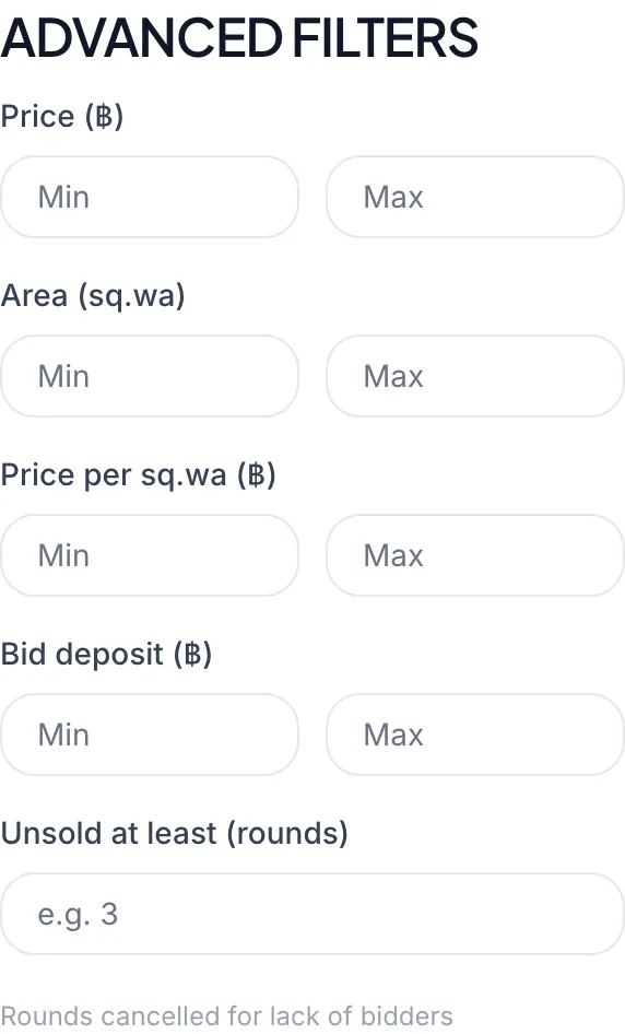 The advanced filters with price, area, price per square wa, deposit and minimum unsold rounds