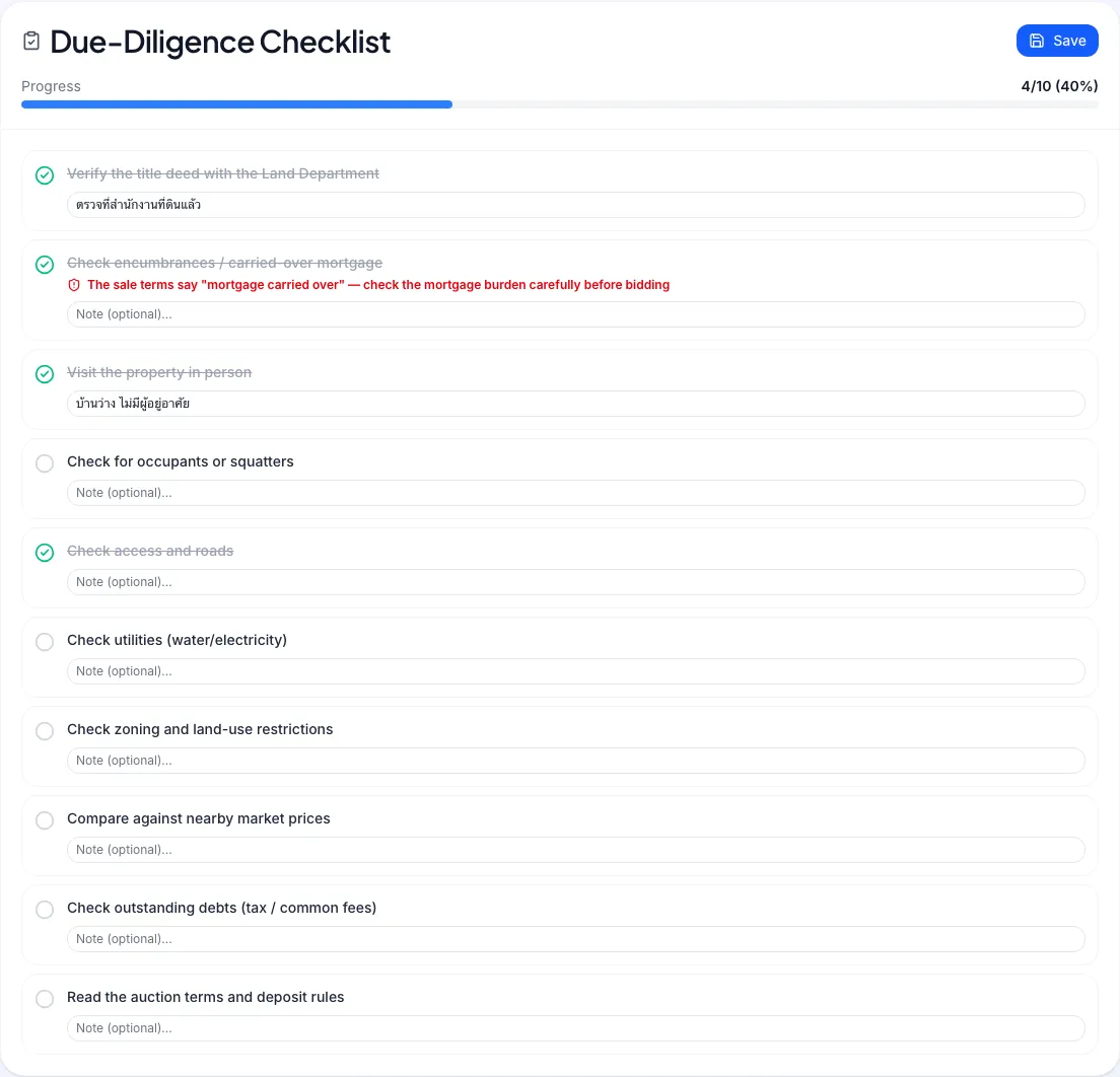 The 10-item pre-auction checklist with Done buttons, note fields and a progress bar