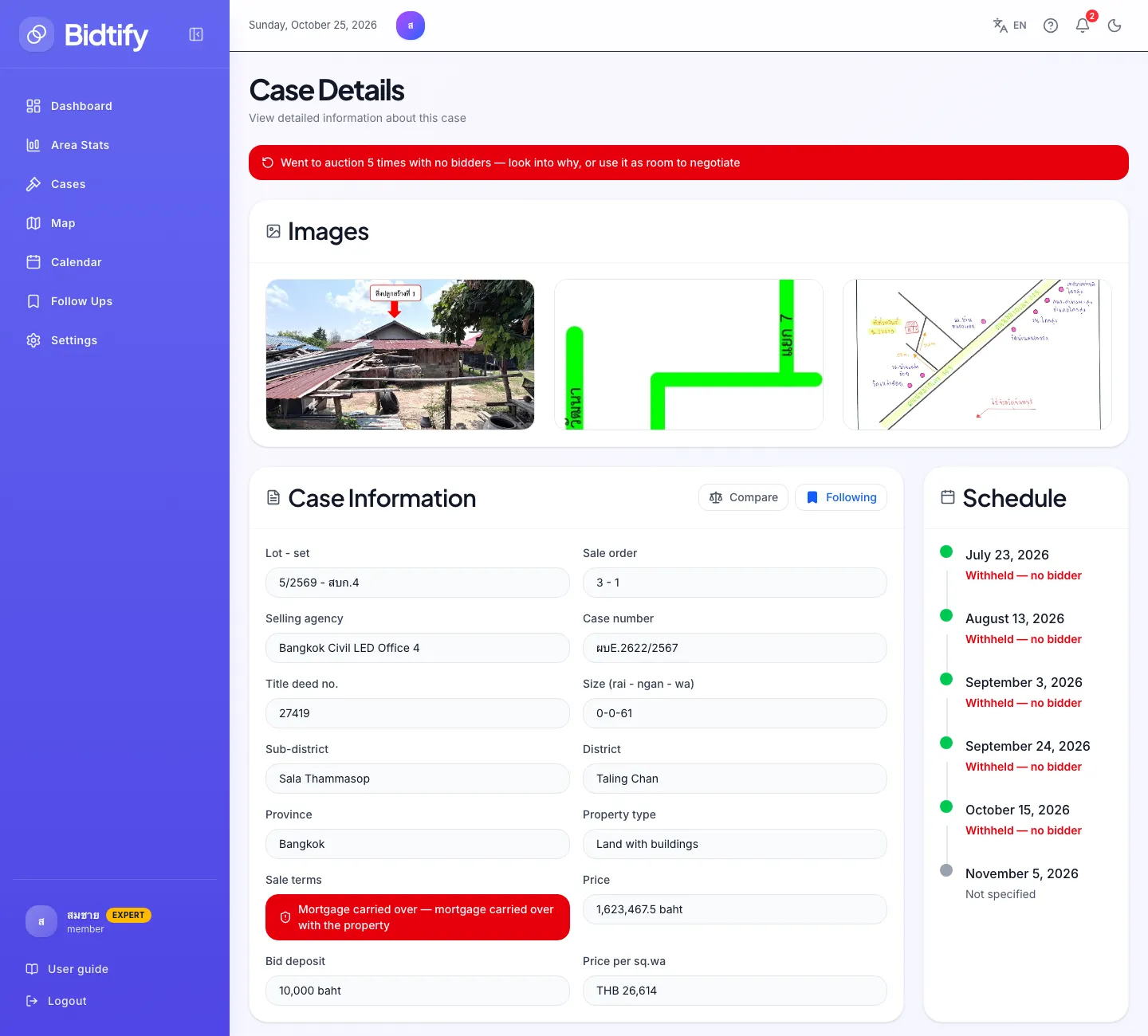 The case details page with photos, property information, appraised price, deposit and the sale schedule