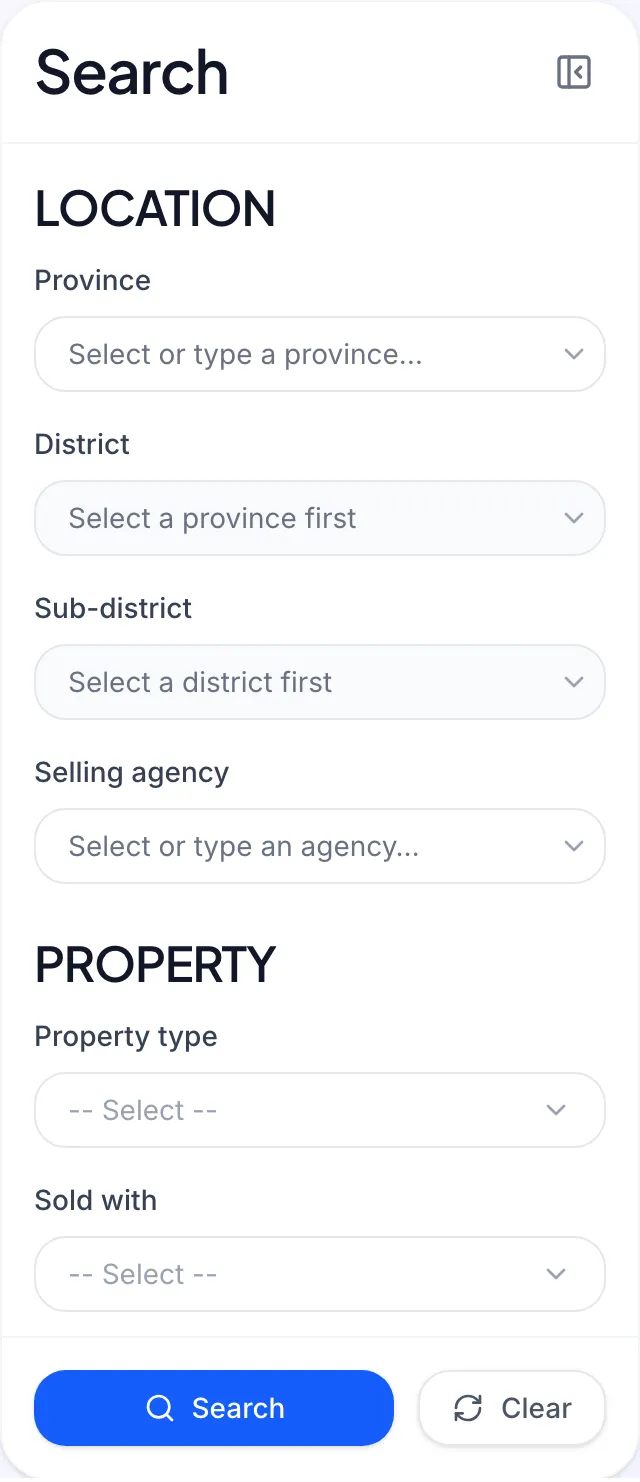 The search panel on the case list, grouped into location, property, sale and search by number