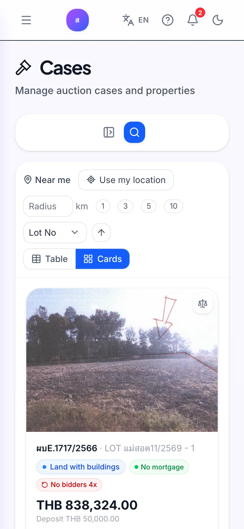 Search results as cards on a phone with photo, price, area, mortgage badge and Add to compare button