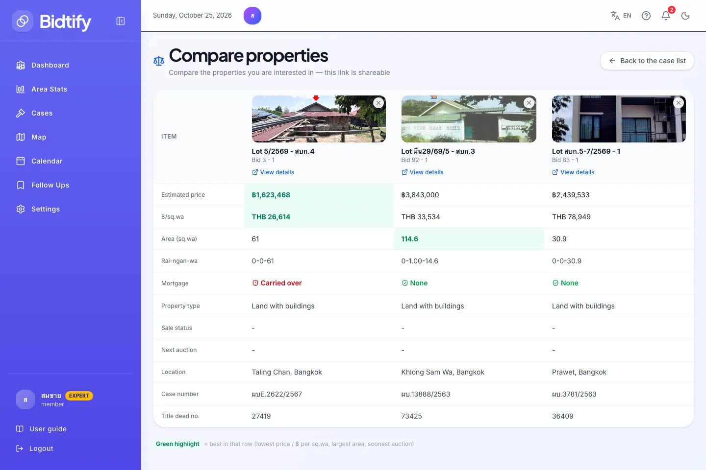 A comparison table of three cases with the best value in each row highlighted green