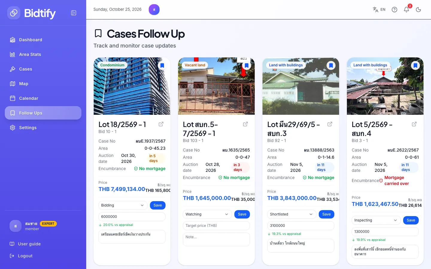The followed cases page; each card has an auction countdown, stage, target price and note
