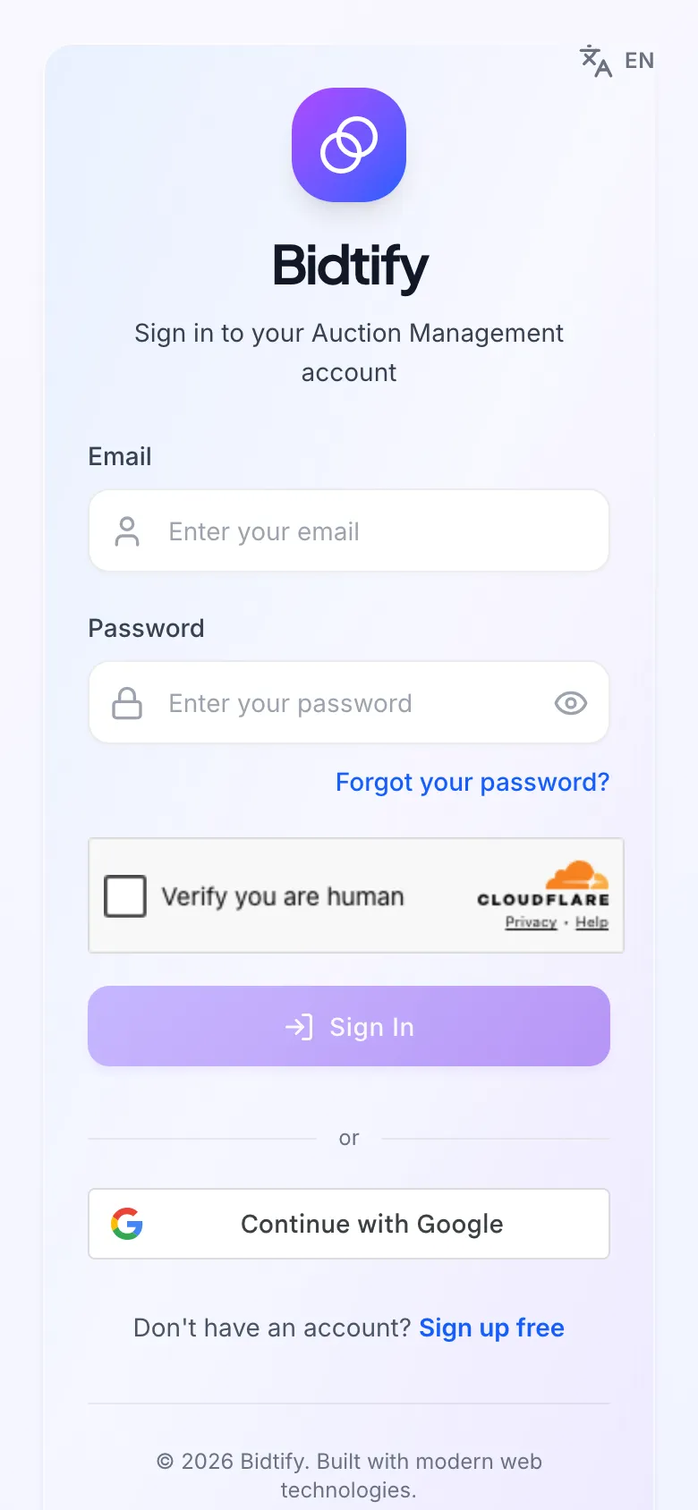 The Bidtify sign-in page with email and password fields, a forgot-password link and a Google button