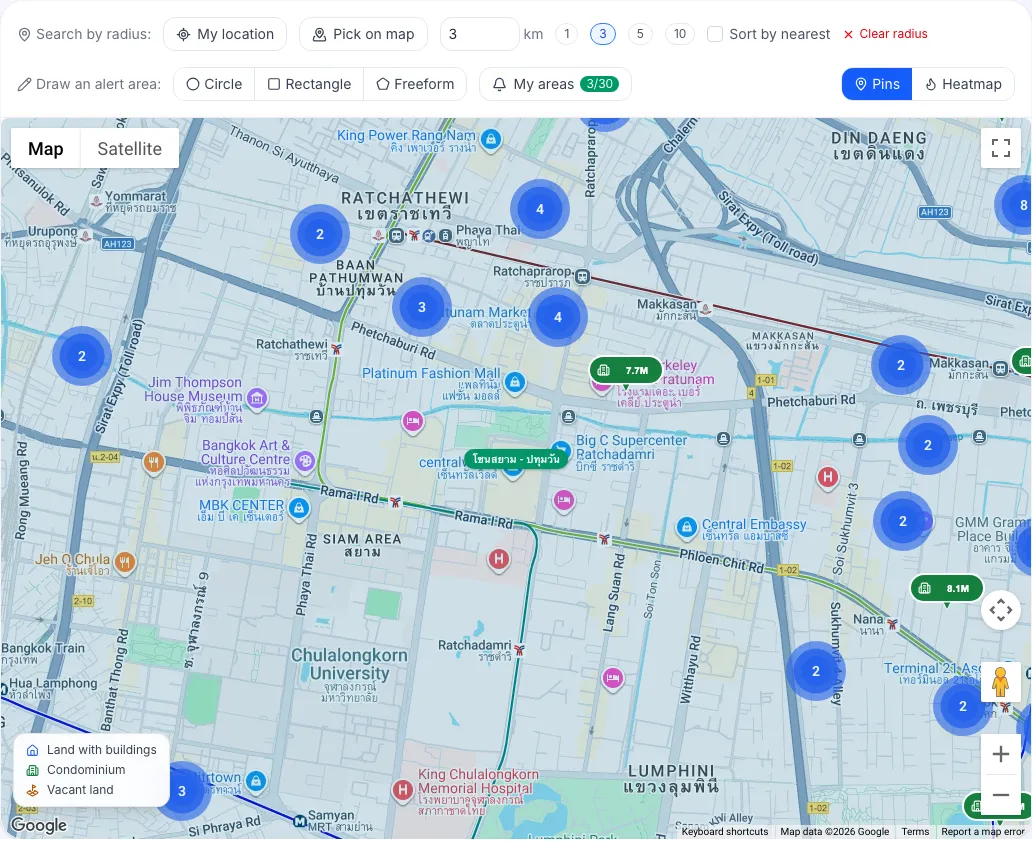 Radius search on the map with a circle around the centre point and the cases inside it