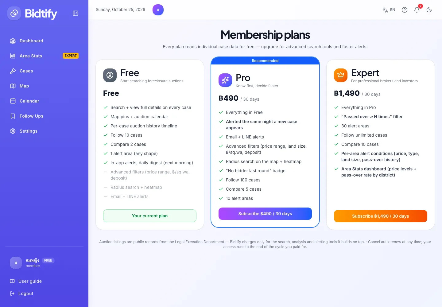 The plans page with Free, Pro and Expert cards, each with its price per 30 days and feature list