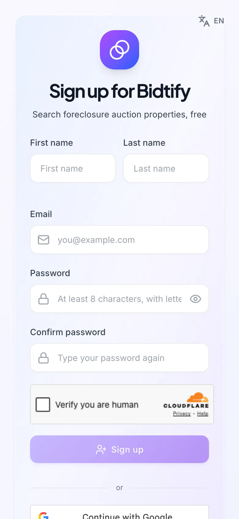 The Bidtify sign-up page with first name, last name, email and password fields and a Google button