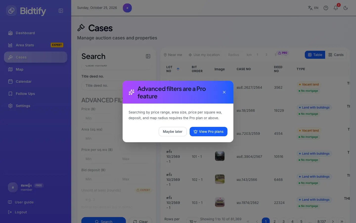 The dialog explaining advanced filters are a Pro feature, with View Pro plan and Maybe later buttons